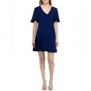CHARLES HENRY | Navy Blue Flutter Sleeve Ruffle Hem Shift Dress Sz L